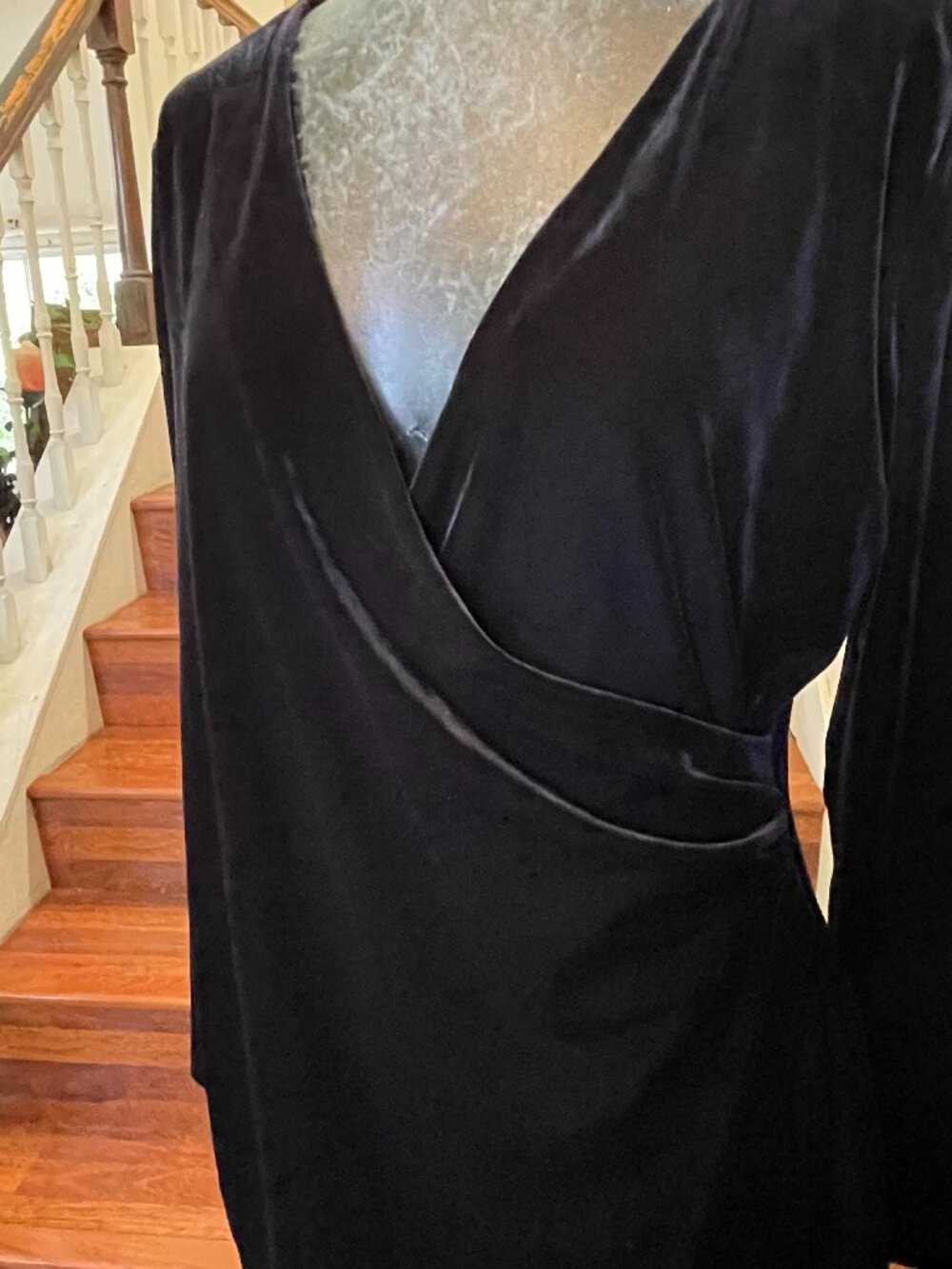 White House Black Market Black Velour Velvet Faux Wrap Drape Tunic Top Large NWT